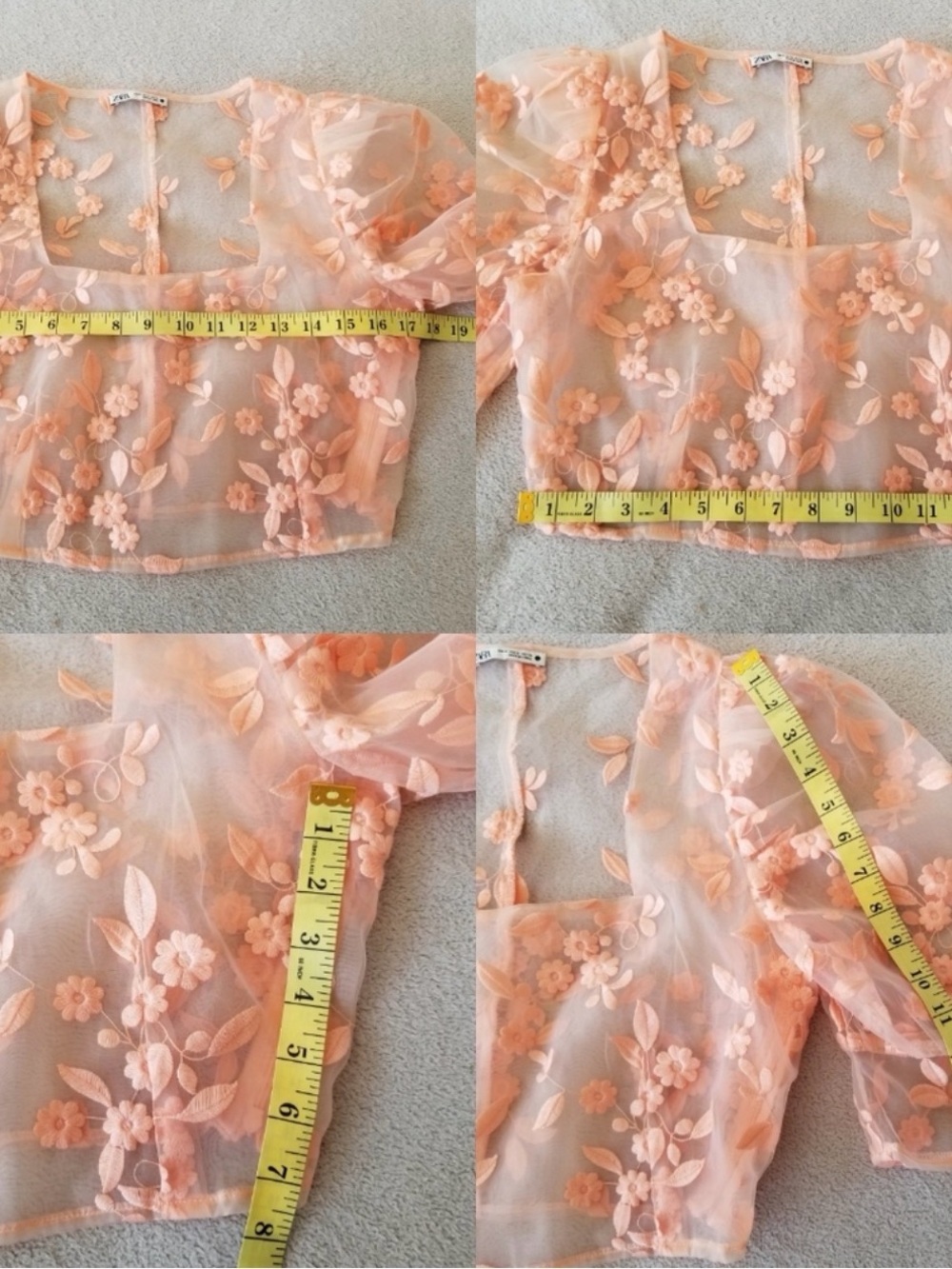 ZARA Sheer Pink Floral Embroidered Puff Sleeve Crop Top - Picture 7 of 7